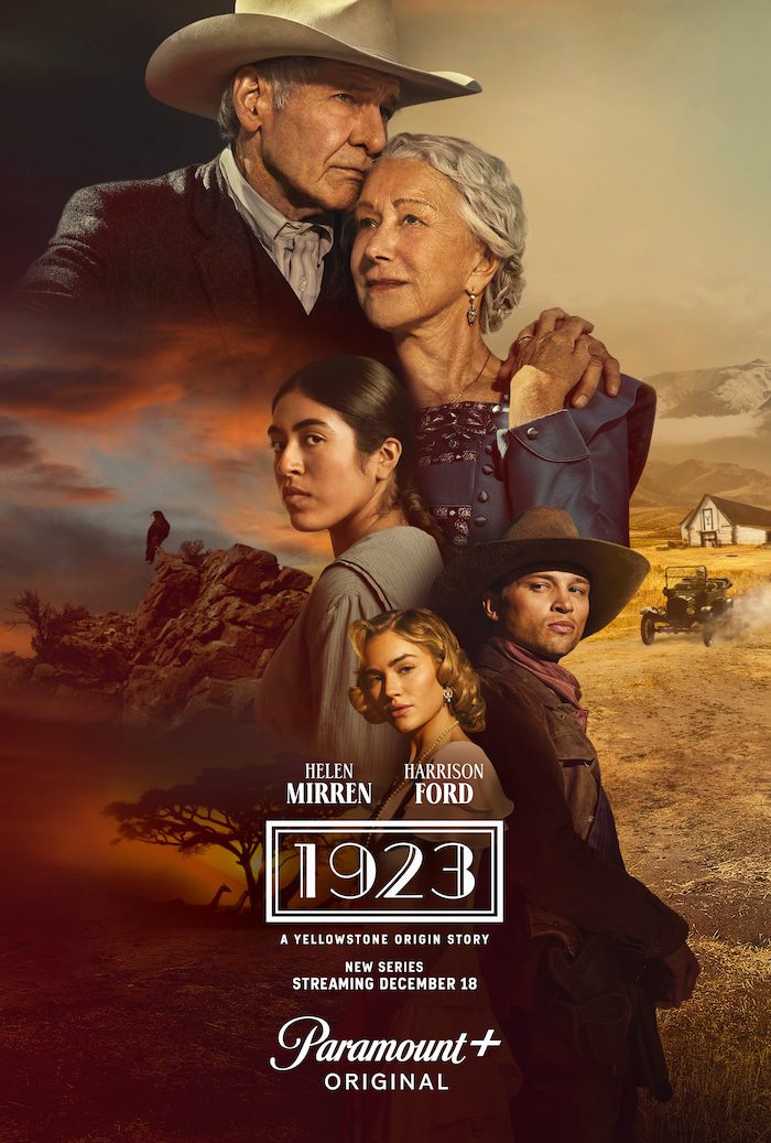 Harrison Ford as Jacob Dutton, Helen Mirren as Cara Dutton, Aminah Nieves as Teonna, Darren Mann as Jack Dutton, and Michelle Randolph as Elizabeth Strafford in 1923, streaming on Paramount+ 2022.
