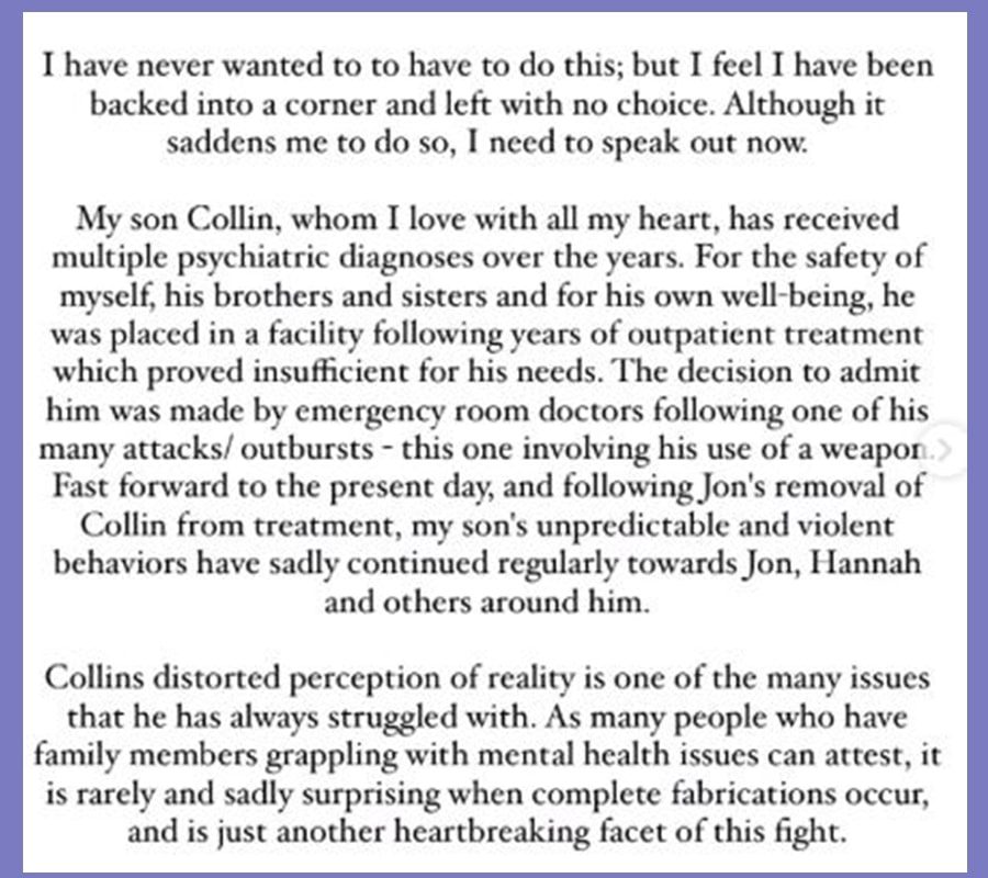 Kate Gosselin Collin Gosselin Statement Instagram