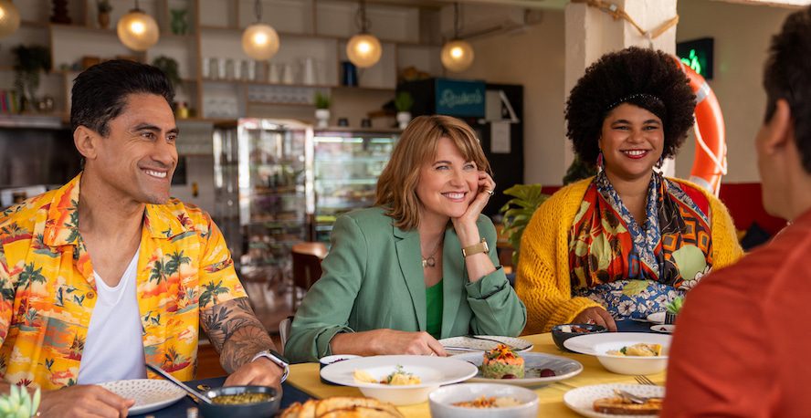 My Life Is Murder Pictured L-R: Joe Naufahu as Reuben, Lucy Lawless as Alexa, Ebony Vagulans as Madison- My Life is Murder_Season 4, Episode 4- Photo Credit: Matt Klitscher/AcornTV