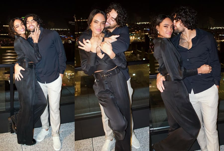 A photo collage of three photos that show a young couple hugging