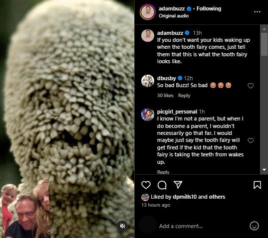 Adam Busby scares the quints with a tooth covered tooth fairy. - Instagram