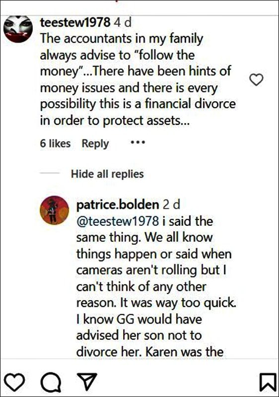 Instagram Comments on Financial Reasons for Divorce - @deonderrico - Instagram