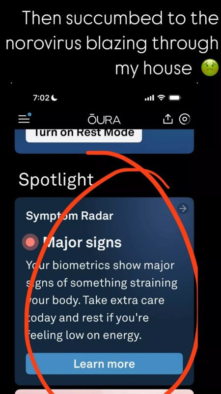 She shows her Oura Ring understood she wasn't feeling good. - Instagram