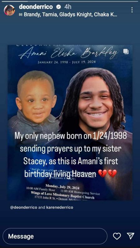 Deon Derrico sends prayers to Amani Barkley's mom, Stacey Dickey. - Instagram