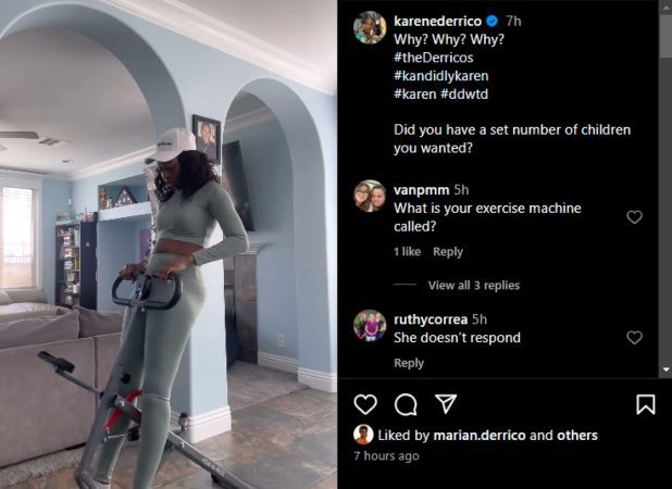 Karen Derrico tries out a new exercise machine. - Instagram