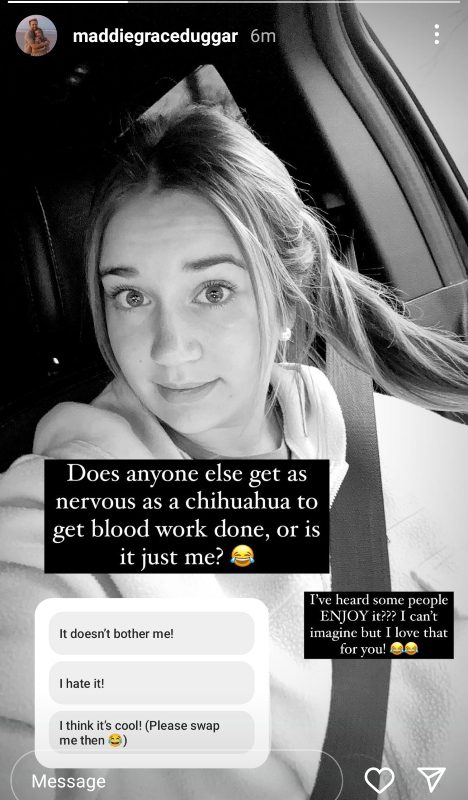 Maddie Duggar's Instagram story, screenshot from Rmabe4 on Reddit