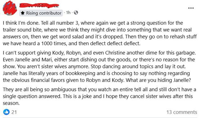 Sister Wives Fans Not Happy After Tell-All Part 3, Sourced From Facebook