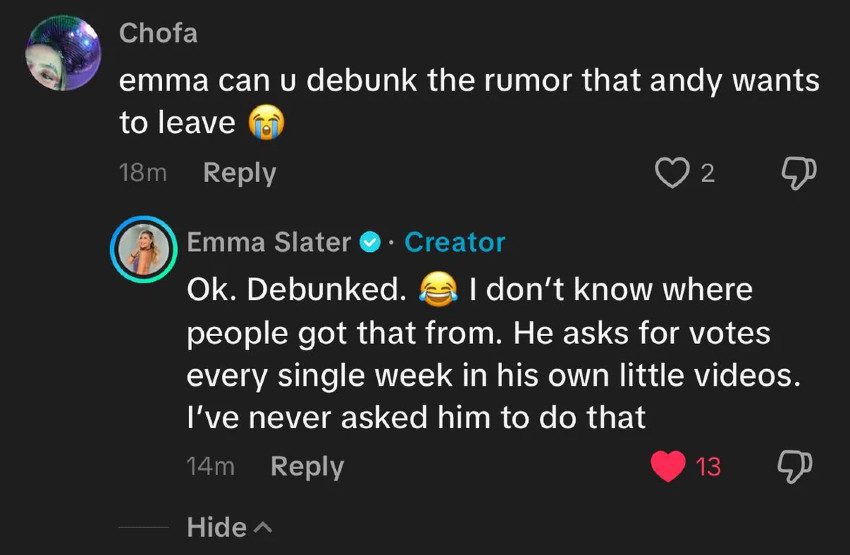Emma Slater reacts to claims Andy Richter wants to leave 'DWTS'/Credit: Reddit