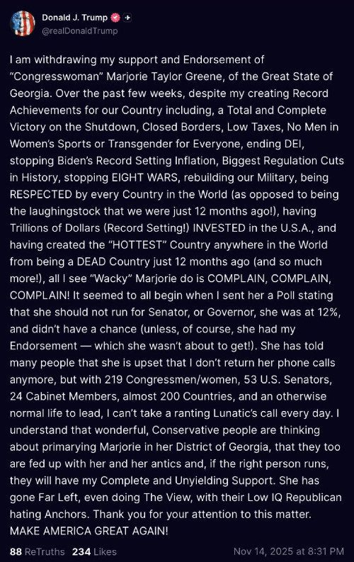 President Trump attacks Marjorie Taylor Greene/Credit: Truth Social