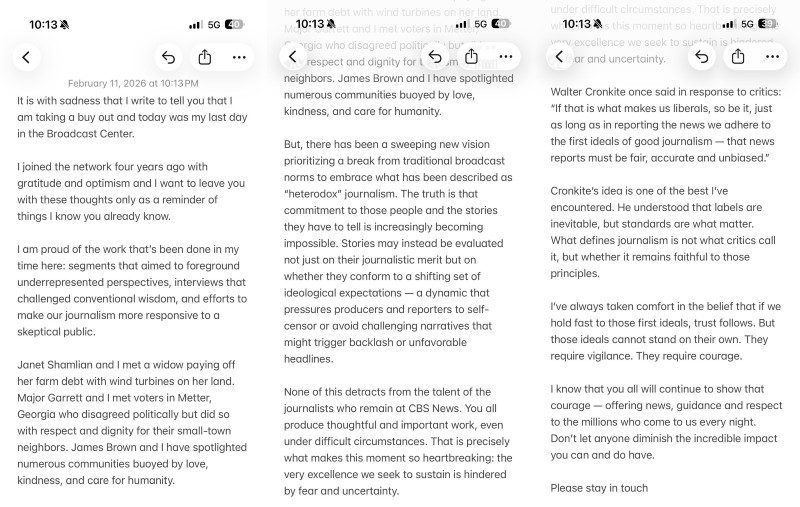 CBS Evening News producer Alicia Hastey resignation letter/Credit: Twitter