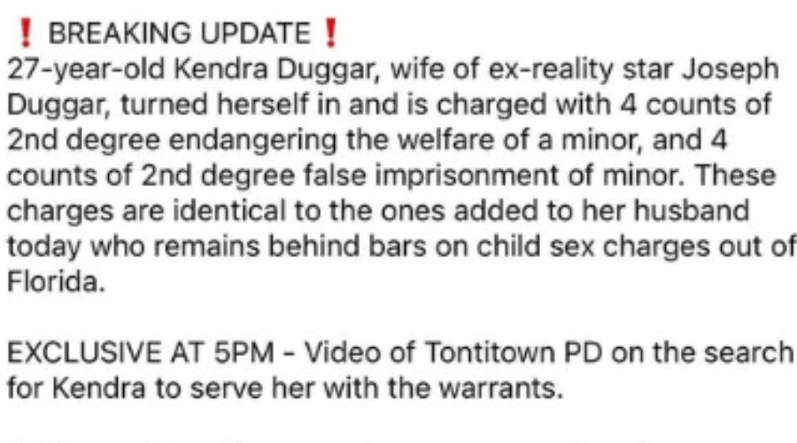 News post over Kendra Duggar - Facebook