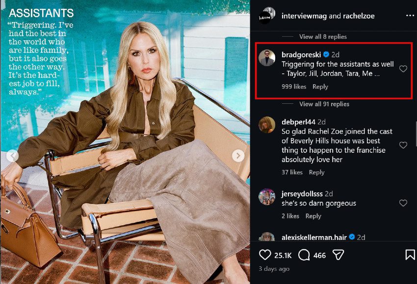 Rachel Zoe's former assistant Brad Goreski leaves comment on Instagram