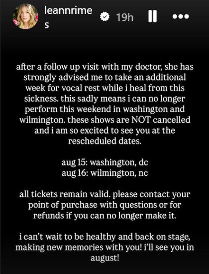 LeAnn Rimes addresses postponing shows amid illness/Credit: Instagram